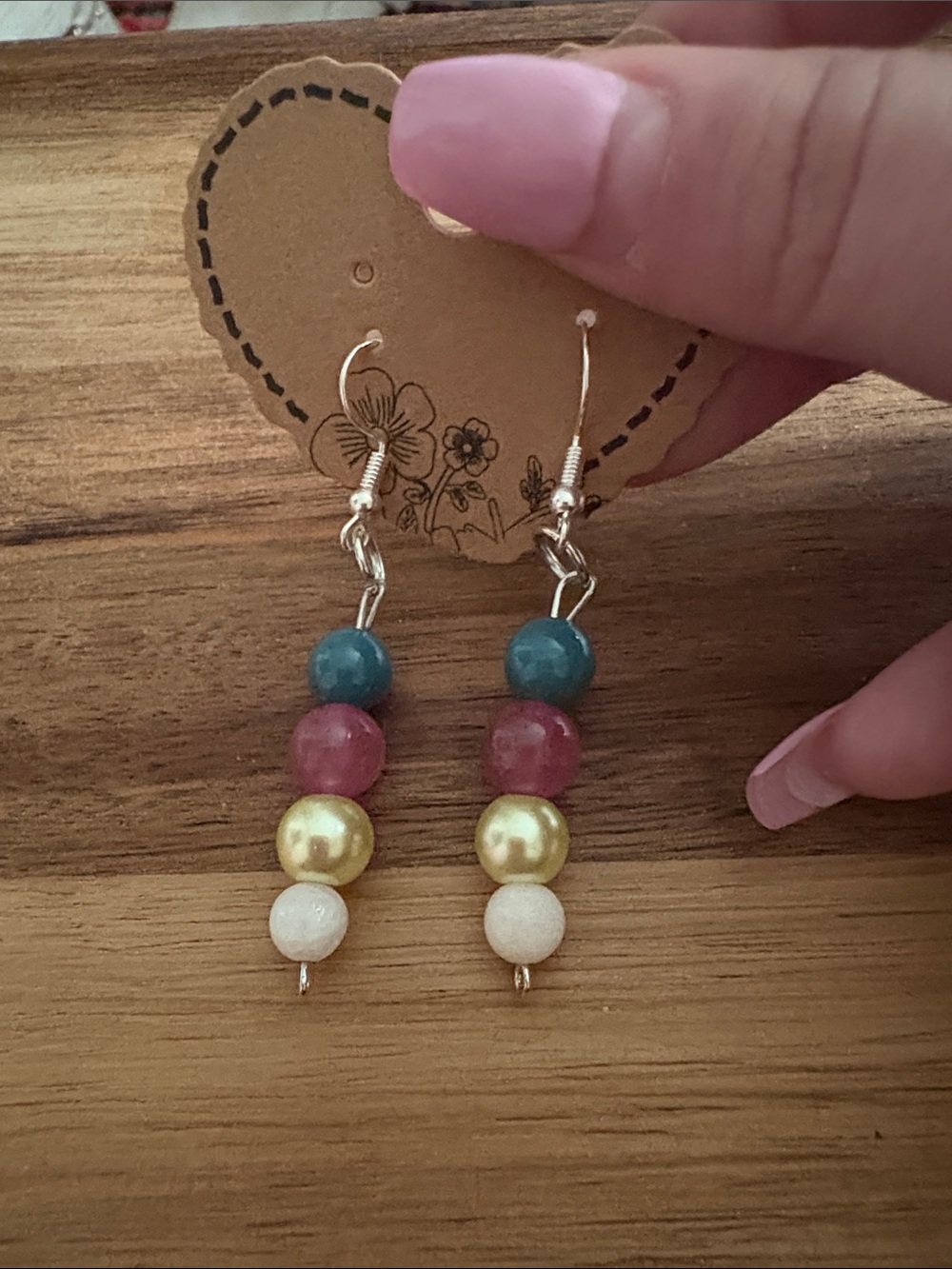Handmade Multicolor Beaded Drop Earrings- Strawberry Quartz/Plated Quartz